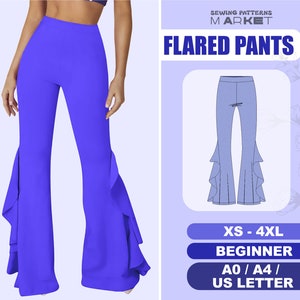 Flared Pants Beginner Pattern, Women Bell Bottom Hippie Leggings Sewing Pattern, Easy Ruffled Pants, Size XS - 4XL, PDF Digital Patterns