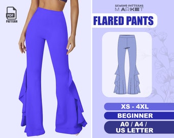 Flared Pants Beginner Pattern, Women Bell Bottom Hippie Leggings Sewing Pattern, Easy Ruffled Pants, Size XS - 4XL, PDF Digital Patterns