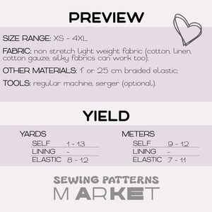 May include: A preview image for sewing patterns, detailing fabric, materials, and tools. It shows size ranges and yield in yards and meters. The Sewing Patterns Market logo is at the bottom. The image includes a heart-shaped doodle.