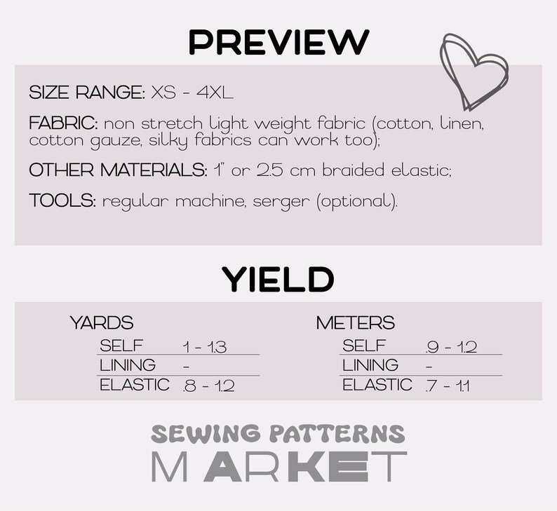 May include: A preview image for sewing patterns, detailing fabric, materials, and tools. It shows size ranges and yield in yards and meters. The Sewing Patterns Market logo is at the bottom. The image includes a heart-shaped doodle.