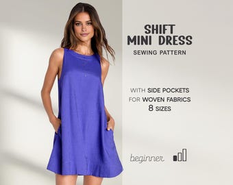 Shift Dress Sewing Pattern, Short Flared Dress Pattern, Plus Size Dress With Pockets, XS - 4XL, Linen A-Line Dress Pattern For Beginners