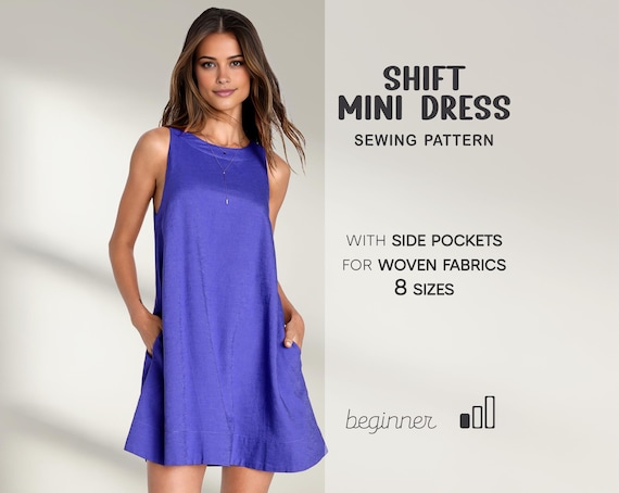 Shift Dress Sewing Pattern, Short Flared Dress Pattern, Plus Size Dress With Pockets, XS - 4XL, Linen A-Line Dress Pattern For Beginners