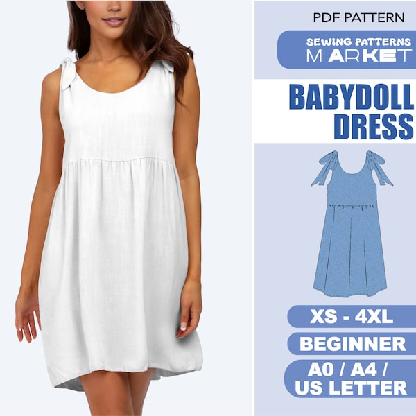 Kurzes Kleid Nähen Muster für Anfänger, Babydoll-Kleid-Schnittmuster, Über Größe Kleid Schnittmuster, Sommer-Kleid Schnittmuster, XS - 4XL, Instant Download