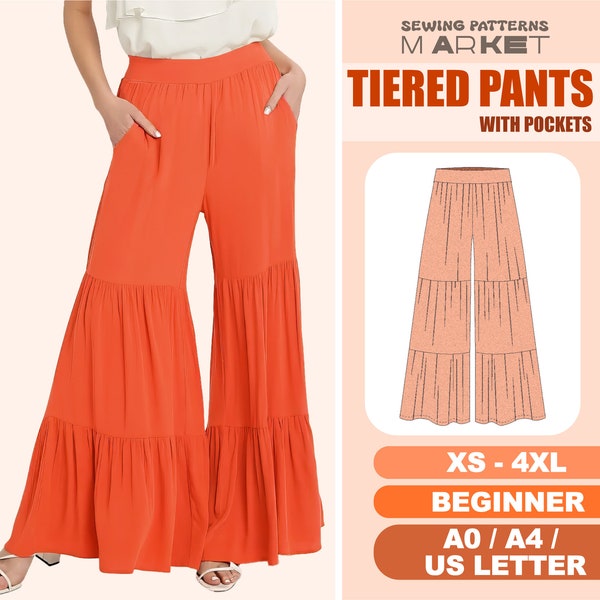 Flared Pants Sewing Pattern Beginner Level, Size XS - 4XL, Wide Leg Palazzo Pants With Pockets, Digital Sewing Pattern