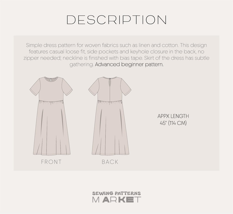 PDF Sewing patterns for women, plus size dress pattern, simple dress pattern, beginner dress pattern, linen dress, flared dress pattern, midi dress pattern, linen tunic pattern, cotton dress, dress with pockets for women, easy dress pattern
