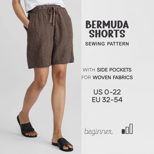 Patrón sencillo de pantalones cortos para mujer, patrón de costura para principiantes, patrón de pantalones cortos bermudas, patrón de pantalones cortos de tallas grandes en PDF, pantalones cortos de pijama