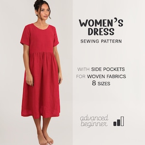Op de afbeelding: Een rode jurk met korte mouwen en een geplooide taille. De jurk is knielang en gemaakt van een textuurstof. Tekst rechts luidt "WOMEN'S DRESS SEWING PATTERN" en "WITH SIDE POCKETS FOR WOVEN FABRICS 8 SIZES".