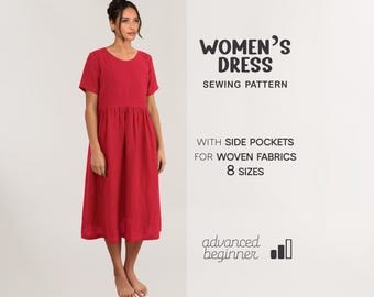 Leinenkleid mit Taschen Schnittmuster, Easy Tunika Schnittmuster, Midi Kleid Schnittmuster, Country Dress Schnittmuster, Plus Größe lockeres Kleid Schnittmuster