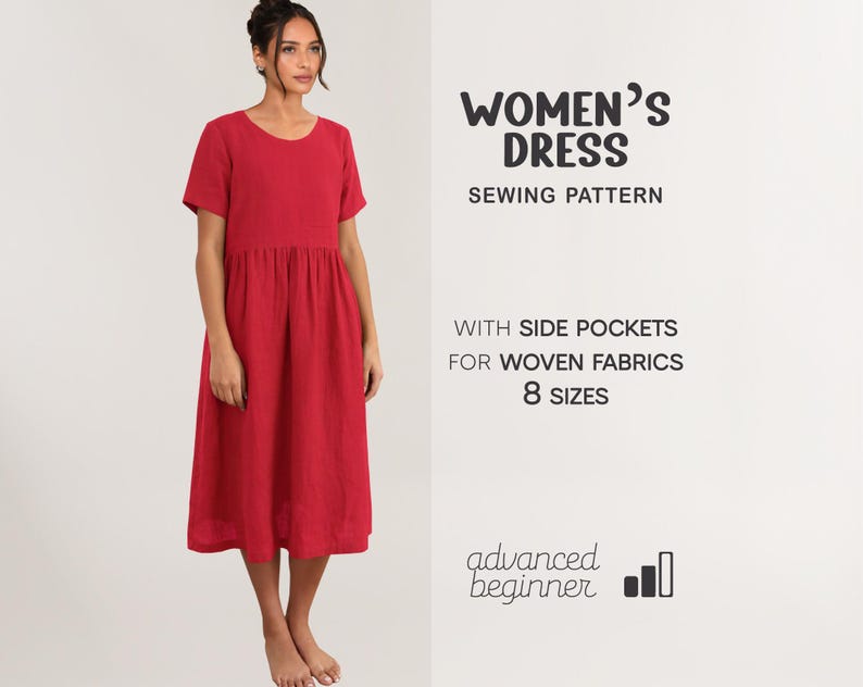 May include: A red dress with short sleeves and a gathered waist. The dress is knee-length and made of a textured fabric. Text on the right side reads "WOMEN'S DRESS SEWING PATTERN" and "WITH SIDE POCKETS FOR WOVEN FABRICS 8 SIZES".