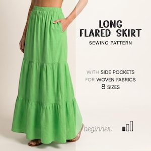 Patrón de costura para falda acampanada, patrón para principiantes, falda con bolsillos, patrón de falda maxi, falda escalonada, patrón de falda de tallas grandes, tallas XS - 4XL