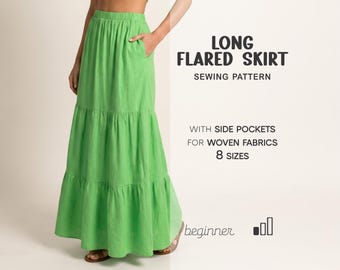 Flared Skirt Sewing Pattern Beginner Pattern Skirt With Pockets, Maxi Skirt Pattern, Tiered Skirt, Plus Size Skirt Pattern, Size XS - 4XL