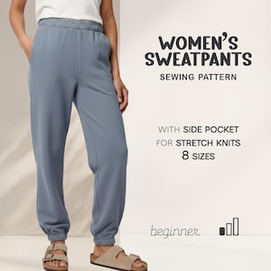 May include: A person wearing blue sweatpants with side pockets. The image includes text that reads "WOMEN'S SWEATPANTS SEWING PATTERN" and "WITH SIDE POCKET FOR STRETCH KNITS 8 SIZES". The word "beginner" is also visible.