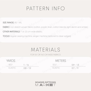 May include: A cream-colored graphic with text detailing sewing pattern information. The text includes size range, fabric suggestions, other materials, and tools needed. The bottom section lists fabric yardage and meters needed.