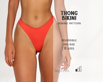 May include: A red thong bikini sewing pattern. The pattern is reversible, mid-rise, and available in 8 sizes. The word "beginner" is written at the bottom of the image.