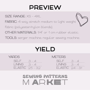 Peut inclure: Image d'aper&ccedil;u pour patrons de couture, avec des informations sur la taille, le tissu et les mat&eacute;riaux n&eacute;cessaires. Le texte comprend &eacute;galement le rendement en m&egrave;tres et le logo Sewing Patterns Market.