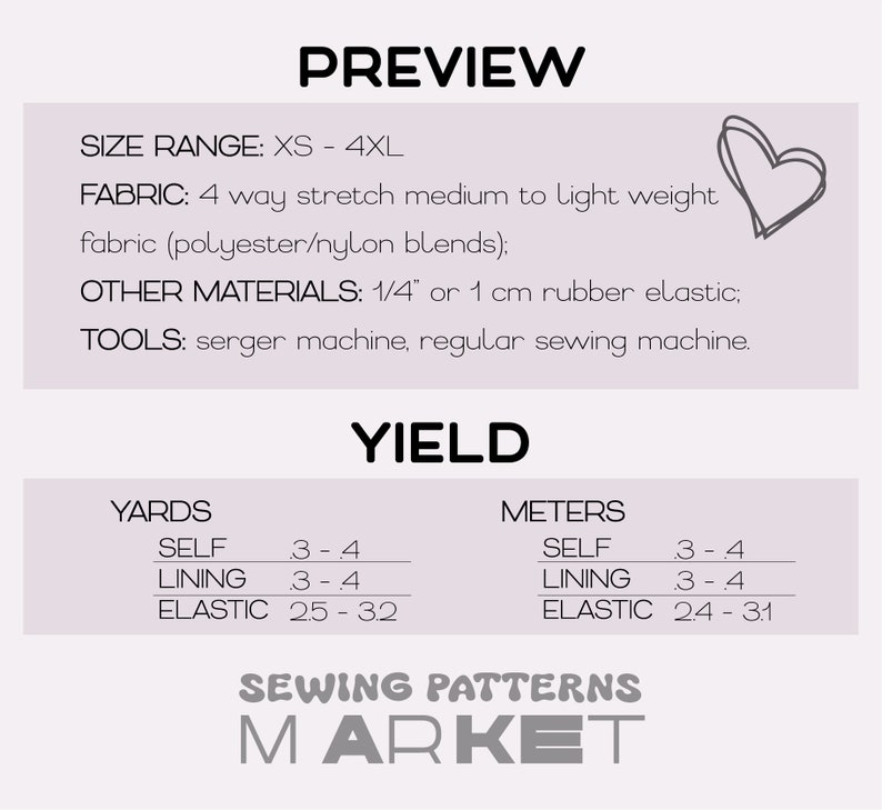 Peut inclure: Image d'aper&ccedil;u pour patrons de couture, avec des informations sur la taille, le tissu et les mat&eacute;riaux n&eacute;cessaires. Le texte comprend &eacute;galement le rendement en m&egrave;tres et le logo Sewing Patterns Market.