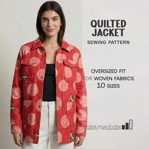 May include: A red quilted jacket featuring large pink polka dots and bird embroidery. The jacket has a button-up front, two chest pockets, and a collar. The image also includes text that says "Quilted Jacket Sewing Pattern" and "Oversized Fit for Woven Fabrics 10 Sizes".
