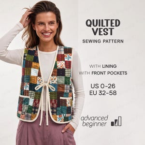 May include: A quilted vest sewing pattern featuring a patchwork design with various floral and plaid squares in shades of green, brown, and blue. The vest has front pockets, a white trim, and tie closures. Text includes QUILTED VEST SEWING PATTERN, WITH LINING, WITH FRONT POCKETS, US 0-26, EU 32-58, and advanced beginner.