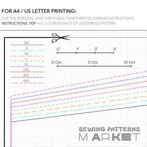 May include: A sewing pattern layout with size markings from XS to 4XL. The image includes a ruler with measurements in centimeters, a pair of scissors, and the text "SEWING PATTERNS MARKET". Instructions are provided for A4/US letter printing.