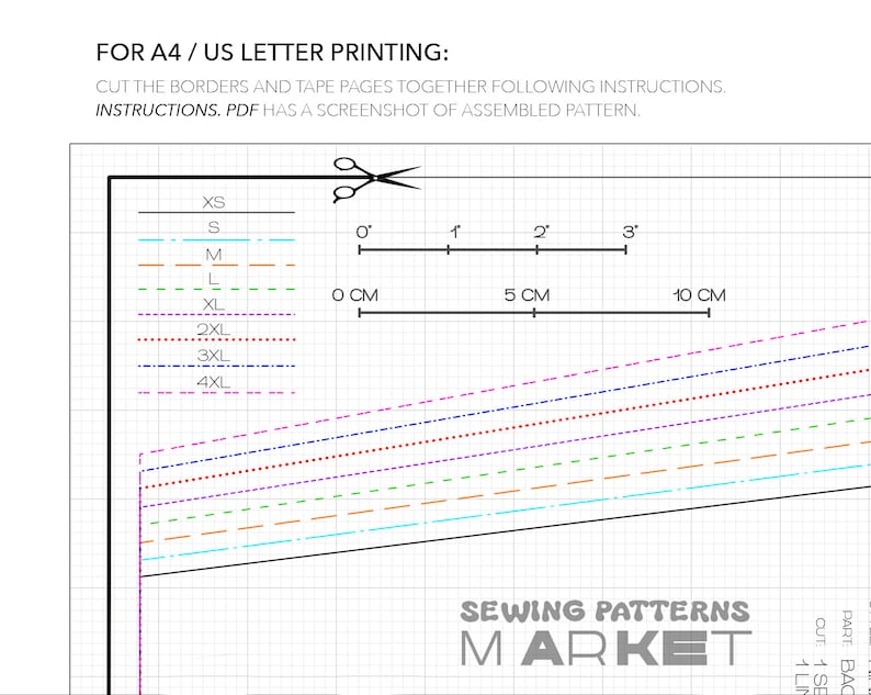 May include: A sewing pattern layout with size markings from XS to 4XL. The image includes a ruler with measurements in centimeters, a pair of scissors, and the text "SEWING PATTERNS MARKET". Instructions are provided for A4/US letter printing.