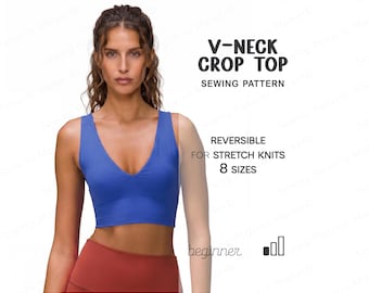 Patrón de costura para top con cuello en V (tallas XS - 4XL), patrón para principiantes de crop top, patrón de costura para top deportivo, top de tallas grandes, patrón de costura en PDF para descarga instantánea.
