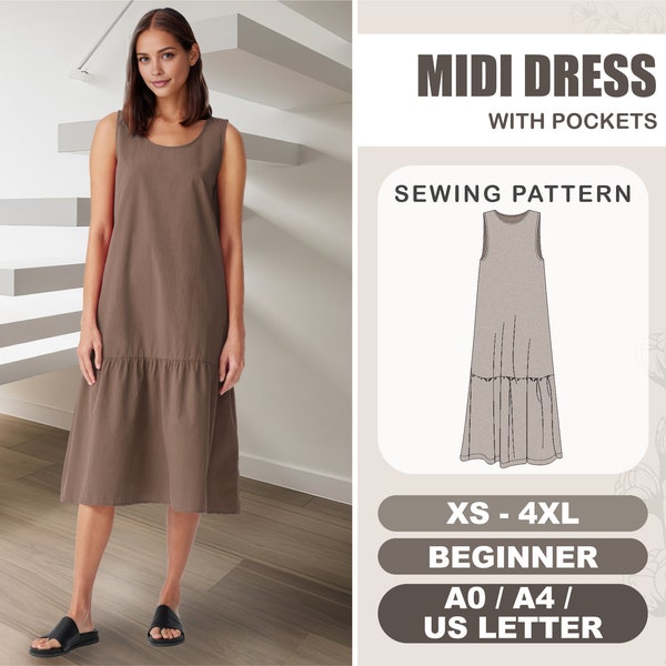 Midi Dress Sewing Pattern - Linen Dress With Pockets Pattern, Simple Shift Dress Pattern, Cotton Summer Dress, Plus Size Dress Pattern