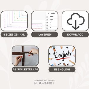 May include: Image showcasing digital sewing pattern features. Includes options for 8 sizes (XS-4XL), layered pattern, and download. The pattern is available in A4/US Letter/A0 formats and is in English. The Sewing Patterns Market logo is at the bottom.