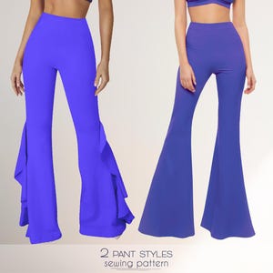 Puede incluir: Se muestran dos pares de pantalones acampanados de color azul vibrante. Un par presenta un detalle de volantes en los laterales, mientras que el otro tiene un diseño liso. El texto "2 PANT STYLES sewing pattern" es visible en la parte inferior.