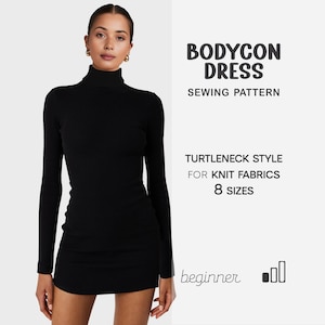 Puede incluir: Vestido negro ajustado con cuello alto y mangas largas. La imagen incluye el texto "BODYCON DRESS SEWING PATTERN" y "TURTLENECK STYLE FOR KNIT FABRICS 8 SIZES". El vestido está diseñado para tejidos de punto y está disponible en ocho tallas.