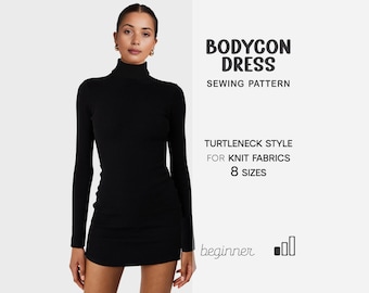 Turtleneck Dress Pattern, Bodycon Dress Pattern, Women Beginner Sewing Patterns, Digital Patterns, XS - 4XL, Instant Download