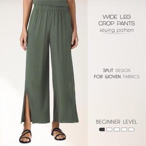 Puede incluir: Un patrón de costura para pantalones anchos de pierna corta con un diseño dividido. El patrón es para telas tejidas y es de nivel principiante.