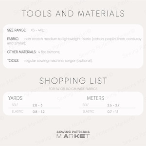 May include: A cream-colored graphic with the text "TOOLS AND MATERIALS" and "SHOPPING LIST". The image lists fabric, size range, and other materials needed for a sewing project. Measurements are provided in yards and meters.