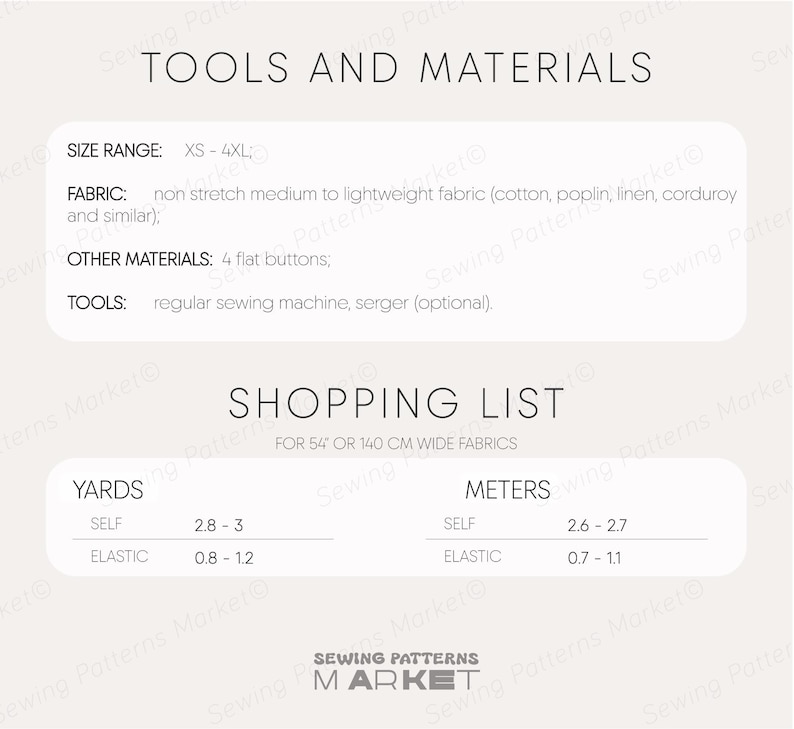 May include: A cream-colored graphic with the text "TOOLS AND MATERIALS" and "SHOPPING LIST". The image lists fabric, size range, and other materials needed for a sewing project. Measurements are provided in yards and meters.