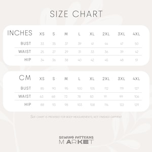 May include: A size chart showing measurements in inches and centimetres for bust, waist, and hip sizes XS to 4XL. The chart includes the text "SIZE CHART" at the top and the Sewing Patterns Market logo at the bottom.