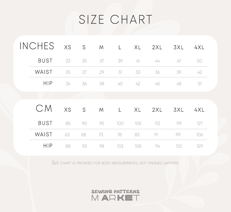 May include: A size chart showing measurements in inches and centimetres for bust, waist, and hip sizes XS to 4XL. The chart includes the text "SIZE CHART" at the top and the Sewing Patterns Market logo at the bottom.