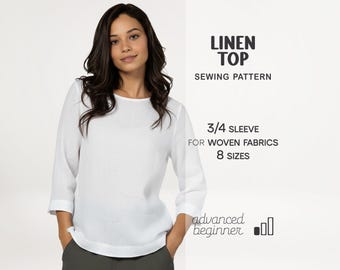Naaipatronen voor vrouwen, blouse naaipatroon, linnen toppatroon, tuniekpatroon, linnen shirt naaipatroon, patroon katoenen top, beginners