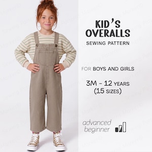 May include: A sewing pattern for kid's overalls featuring text that reads KID'S OVERALLS SEWING PATTERN FOR BOYS AND GIRLS 3M - 12 YEARS (15 SIZES) advanced beginner. The image displays a child wearing tan overalls over a beige and white striped shirt.