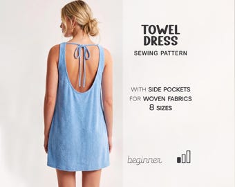 Patrón de vestido sin espalda, patrón de costura de vestido de corte A para mujer, patrón de vestido de verano, patrón de vestido veraniego, patrón de vestido corto tejido.