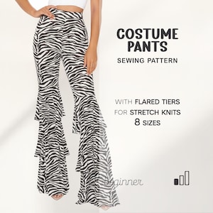 May include: Zebra print costume pants with flared tiers. The pants are black and white and feature a wide leg design. The image also includes text that reads "Costume Pants Sewing Pattern" and "With Flared Tiers for Stretch Knits 8 Sizes".