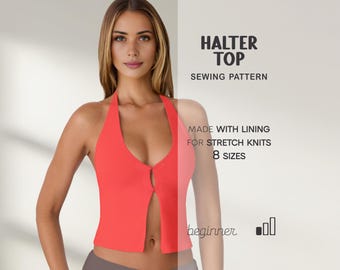 Halter Top Sewing Pattern For Stretch Fabrics Beginner Level, Crop Top PDF Pattern For Women, Open Back Tank Top Sewing Tutorial