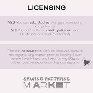 May include: A light purple graphic with the word "LICENSING" at the top. The text states that you can sell clothes made using patterns, but you cannot edit and resell patterns. The bottom text says "SEWING PATTERNS MARKET."