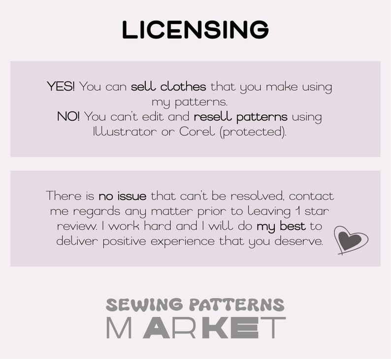 May include: A light purple graphic with the word "LICENSING" at the top. The text states that you can sell clothes made using patterns, but you cannot edit and resell patterns. The bottom text says "SEWING PATTERNS MARKET."