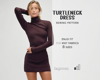 Dress Sewing Patterns For Women | Patron Couture Dress Beginner Pattern | Long Sleeve Turtleneck Dress | Sewing Tutorial | Digital Patterns