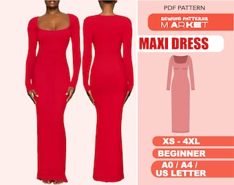 Long Dress Pattern, Bodycon Dress Sewing Pattern, Maxi Dress Pattern, Plus Size Sewing Patterns, XS - 4XL, Long Sleeve Dress, Beginner Level