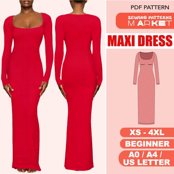 Schnittmuster für langes Kleid, figurbetontes Kleid, Schnittmuster für Maxikleid, Schnittmuster für große Größen XS - 4XL, Schnittmuster für lange Ärmel