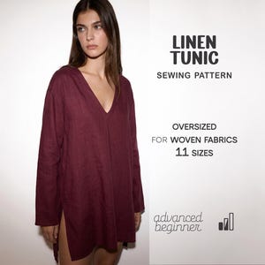 Può includere: Una tunica in lino bordeaux con scollo a V e maniche lunghe. La tunica è oversize e progettata per tessuti. L'immagine include il testo "LINEN TUNIC SEWING PATTERN" e "11 taglie".
