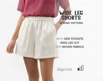 Patrón de pantalones cortos de pierna ancha para mujer, patrón de costura de pantalones cortos de satén para principiantes, pantalones cortos con bolsillos
