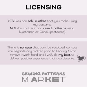 May include: A light purple graphic with the word "LICENSING" at the top. Text below states you can sell clothes made from patterns, but not edit or resell the patterns. The bottom text says "SEWING PATTERNS MARKET."