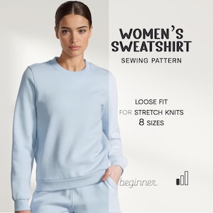 Frauen Sweatshirt Schnittmuster für Anfänger, einfaches Pullover Schnittmuster, Pullover Jersey Schnittmuster, PDF Schnittmuster Oberteil mit Rundhalsausschnitt mit langen Ärmeln