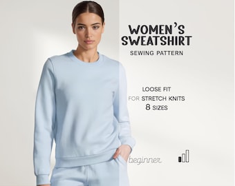 Women Sweatshirt Pattern For Beginners, Simple Sweater Pattern, Pullover Jersey Pattern, PDF Sewing Pattern Crewneck Top With Long Sleeves